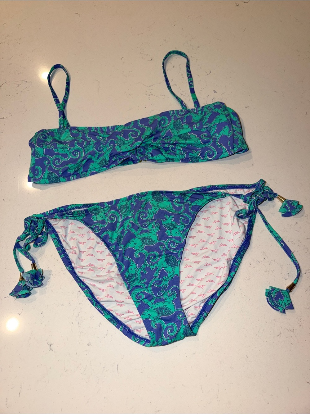 Lilly Pulitzer Two-Piece Blue & Green Loopy Elephant Bikini 2pc Set